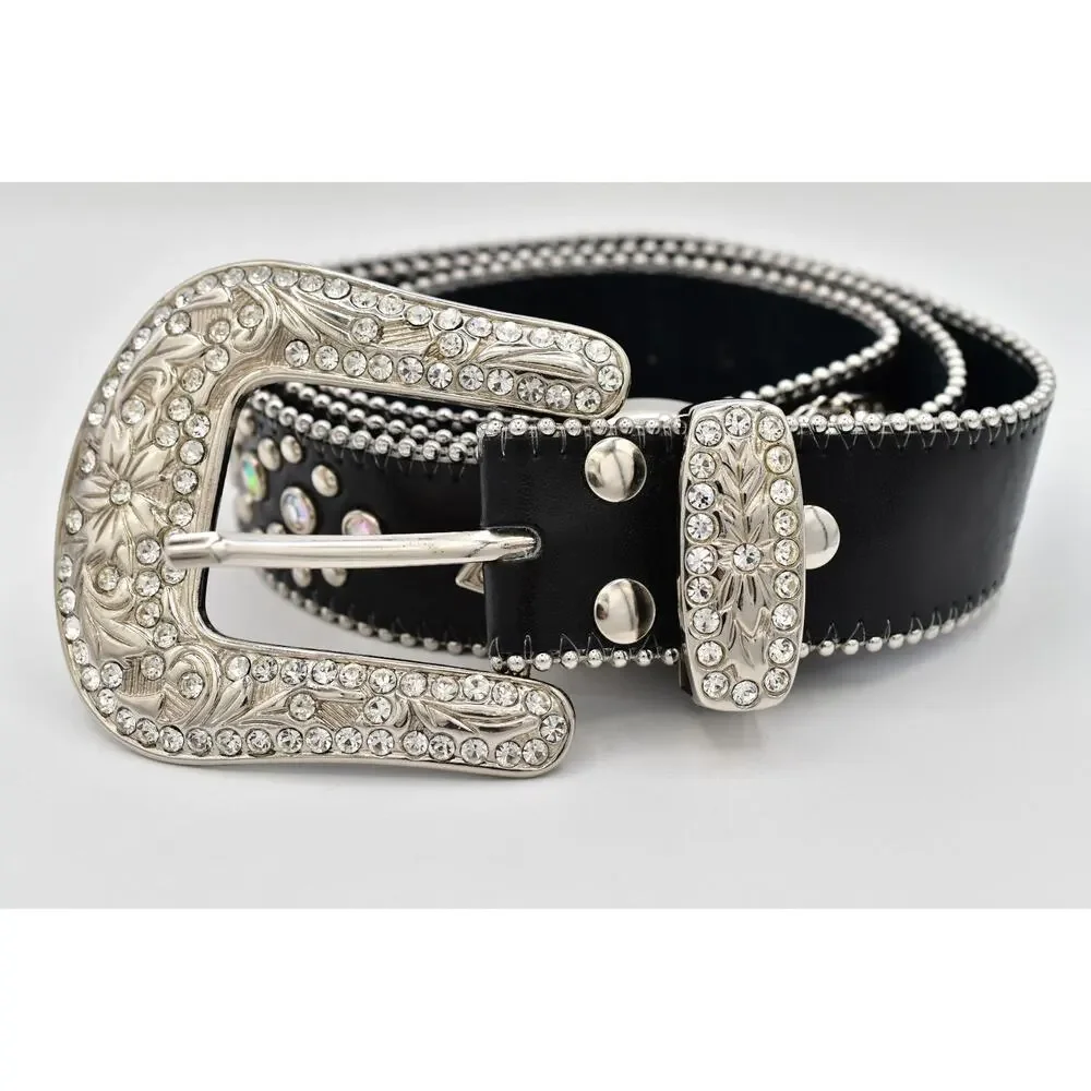 Black Genuine Leather Rhinestone Western Belt M/L Silver Studded Crystal Y2K